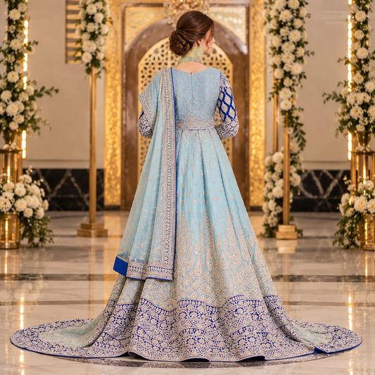 Royal Ice Blue Luxury Embroidered Bridal Lehenga Dress
