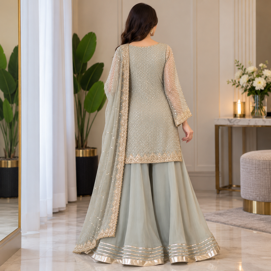 Sage Elegance – Luxury Embellished Party Wear Sharara