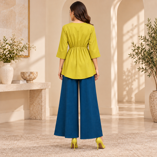 Women's Lime Yellow Peplum Top with Teal Blue Wide-Leg Palazzo Pants – 2 Piece Set