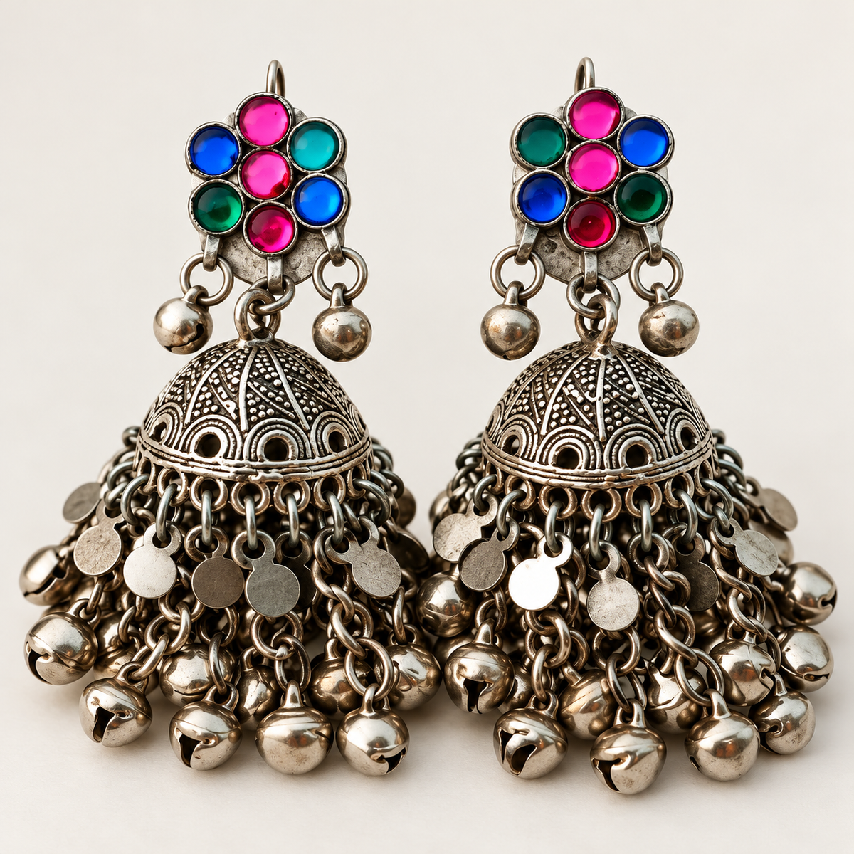 Luxury Multicolor Antique Silver Handmade Traditional Ghungroo Jhumka Earrings