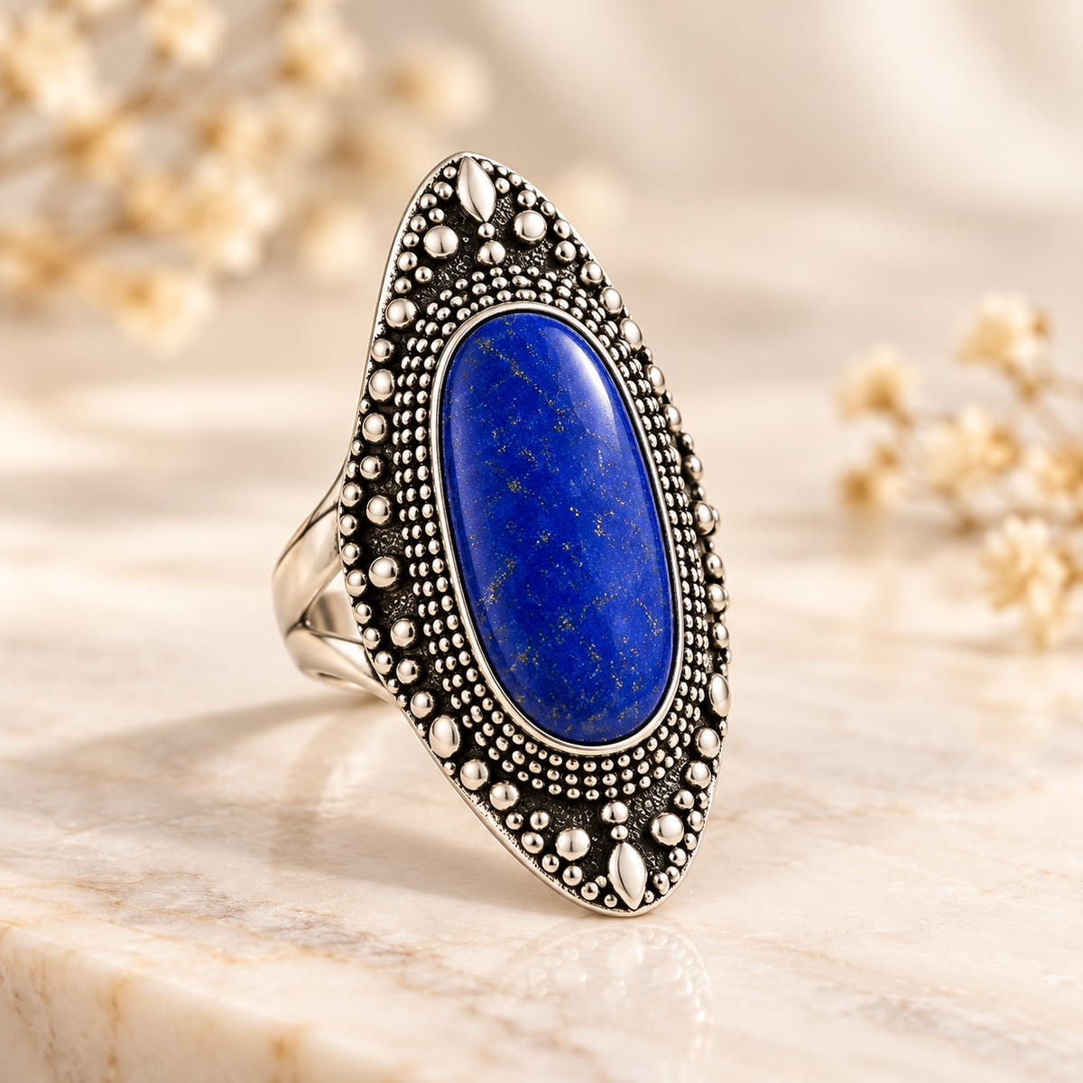 Luxury Royal Blue Lapis Lazuli Antique Silver Handmade Statement Ring