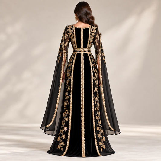 Luxury Black & Gold Embroidered Maxi Dress – Elegant Traditional Formal Wear