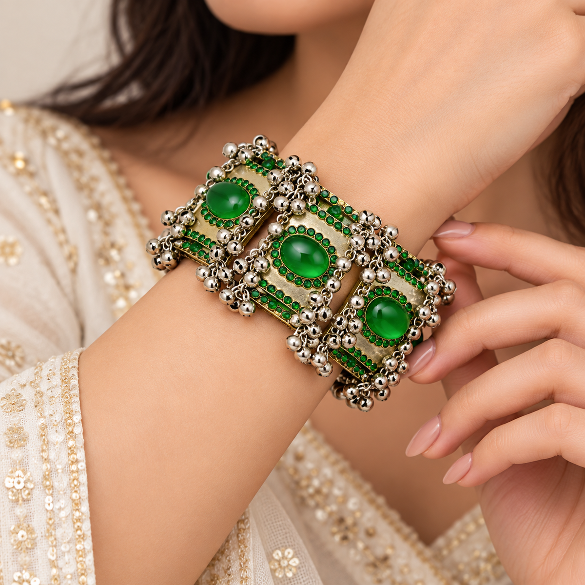 Vintage Emerald Green Stone Ghungroo Cuff Bracelet – Antique Tribal Jewelry