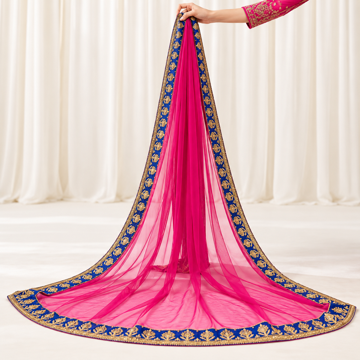 Fuchsia Pink & Royal Blue Embroidered Bridal Dupatta