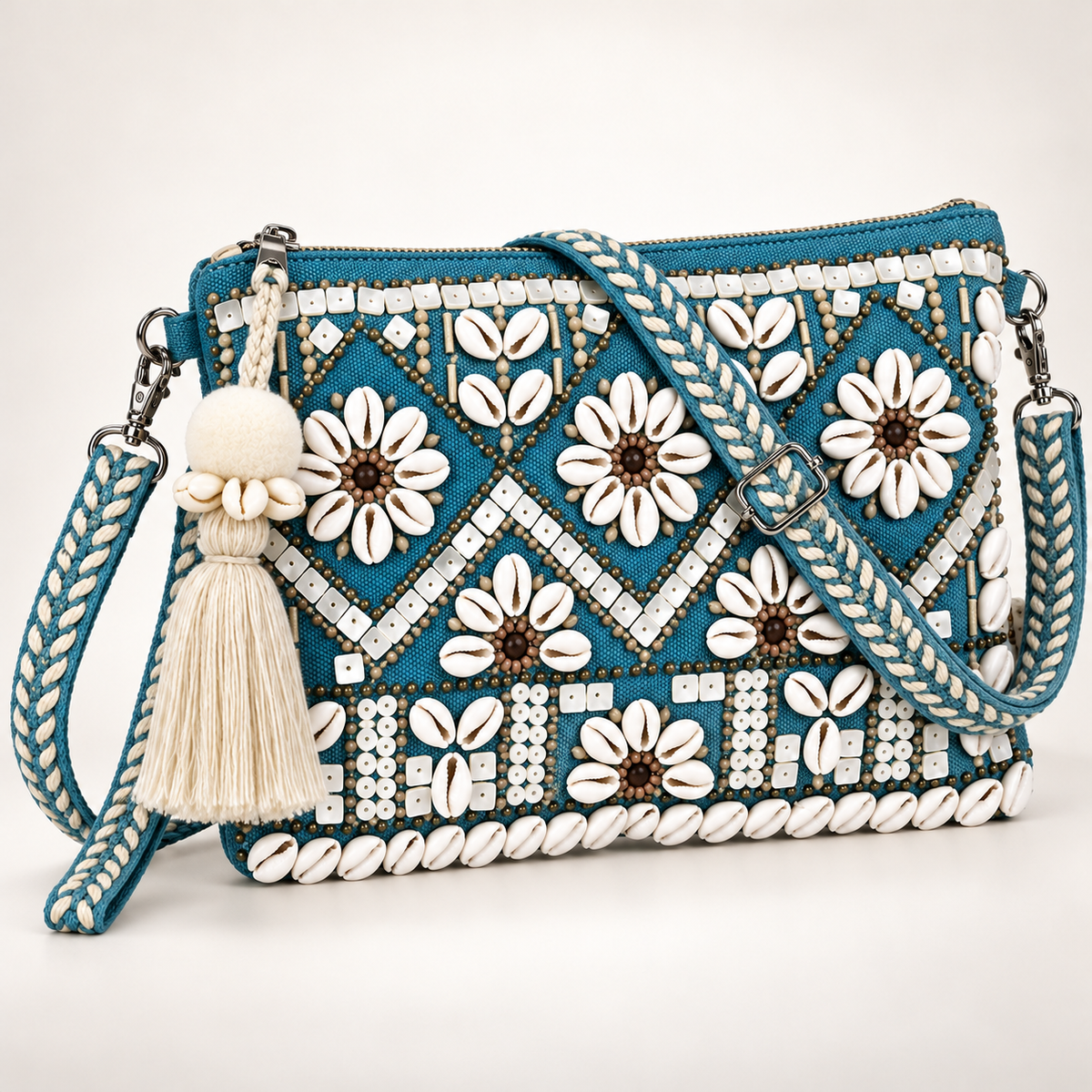 Ocean Teal Handmade Boho Crossbody Bag with Cowrie Shell Flowers, Beadwork & Tassel