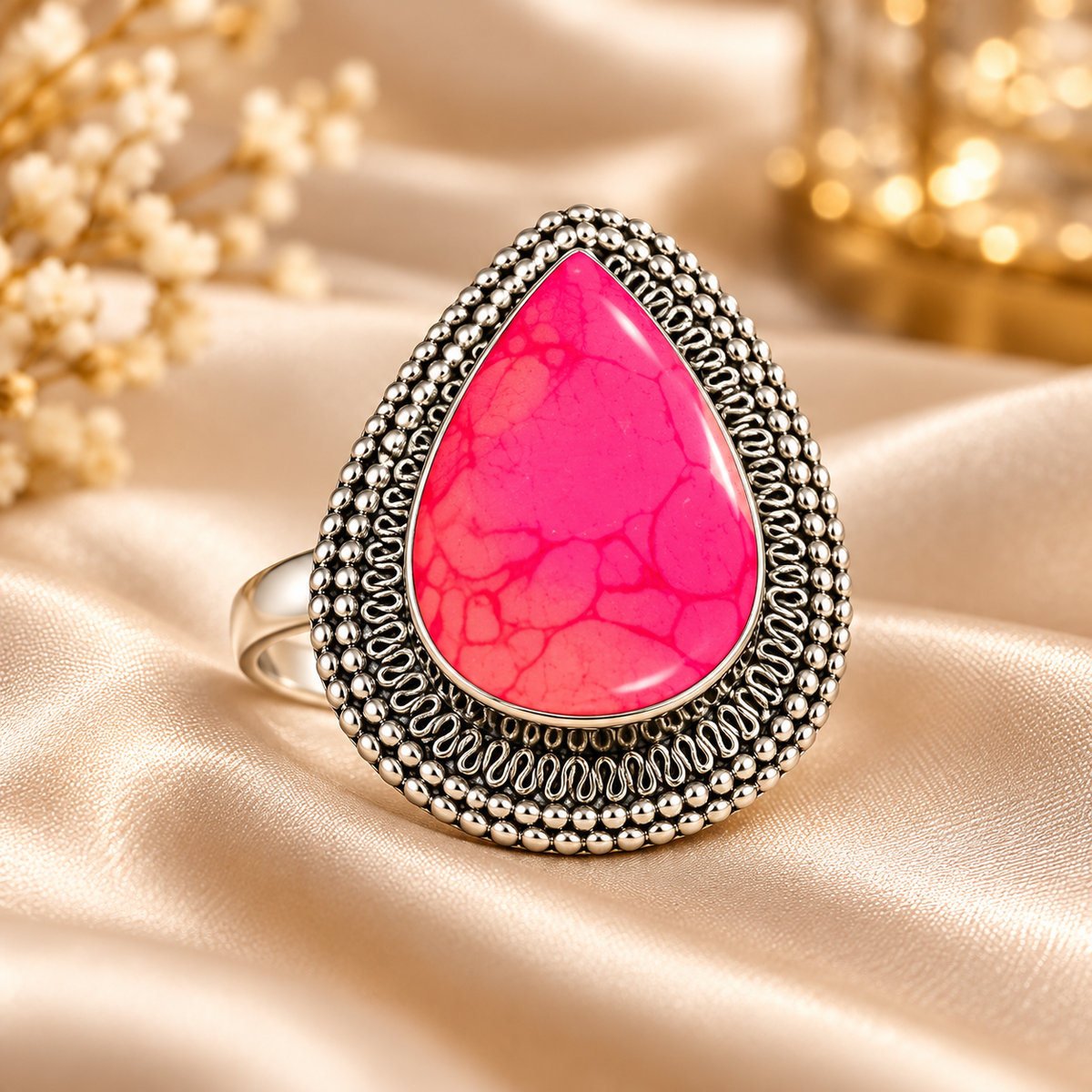 Luxury Hot Pink Teardrop Antique Silver Handmade Statement Ring