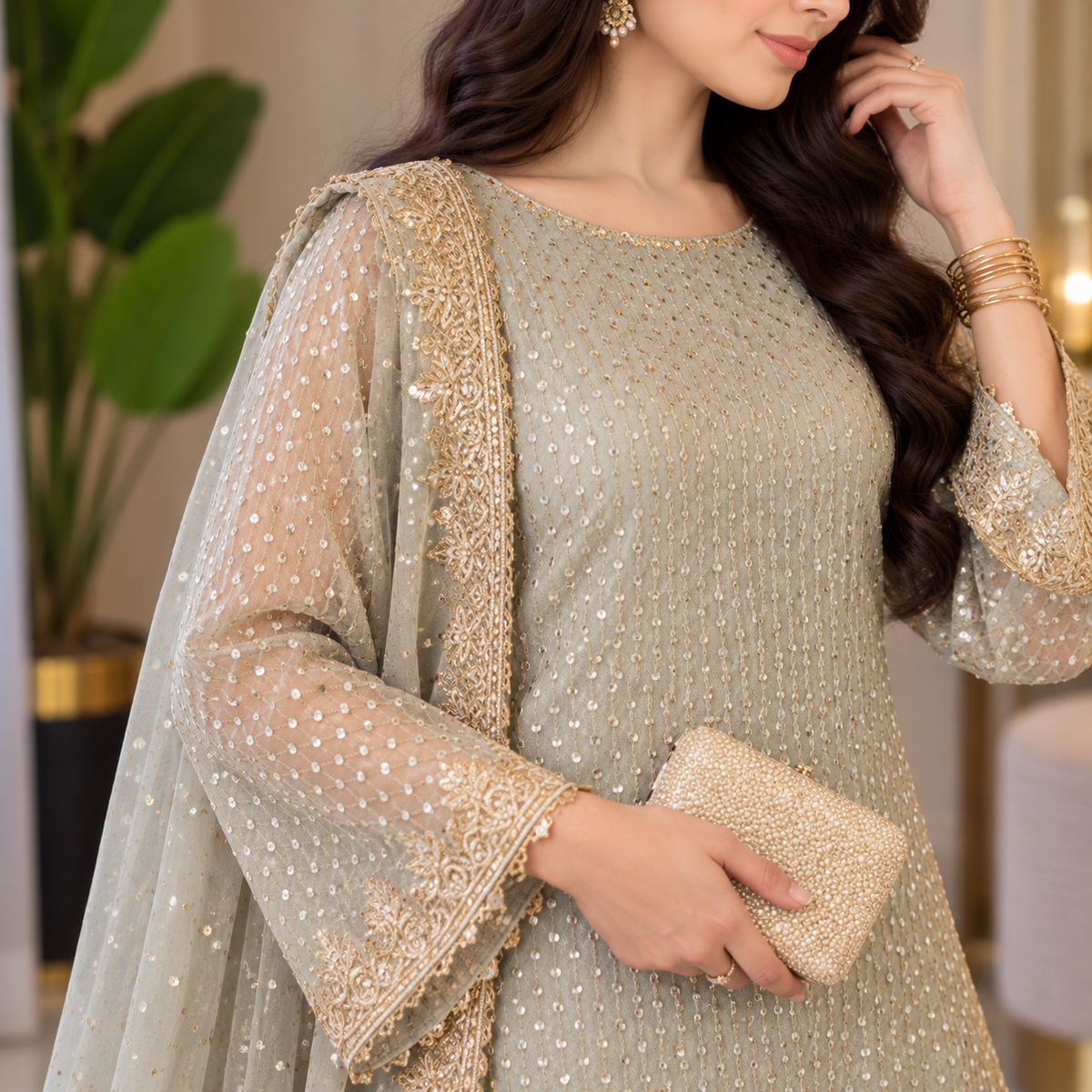 Sage Elegance – Luxury Embellished Party Wear Sharara