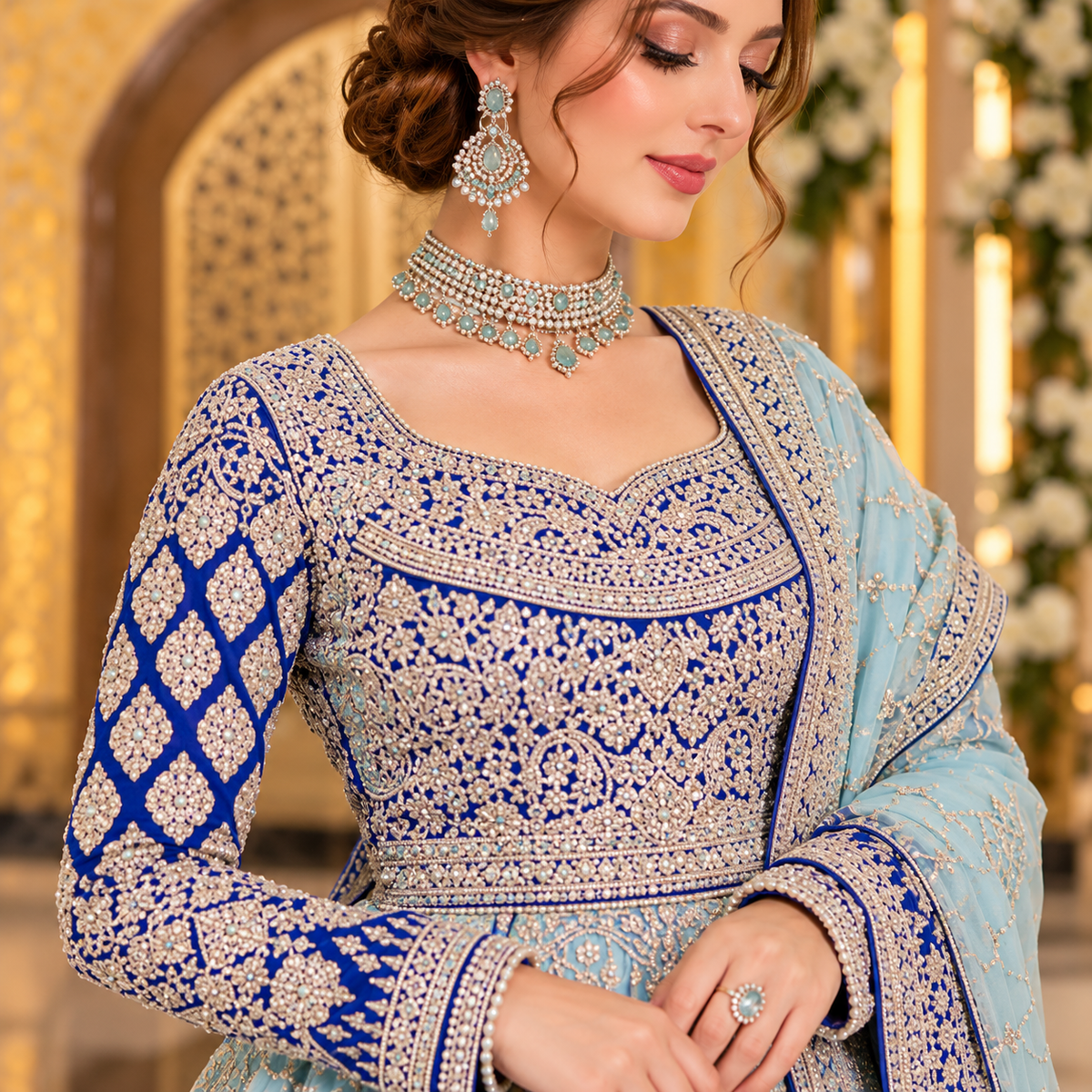 Royal Ice Blue Luxury Embroidered Bridal Lehenga Dress