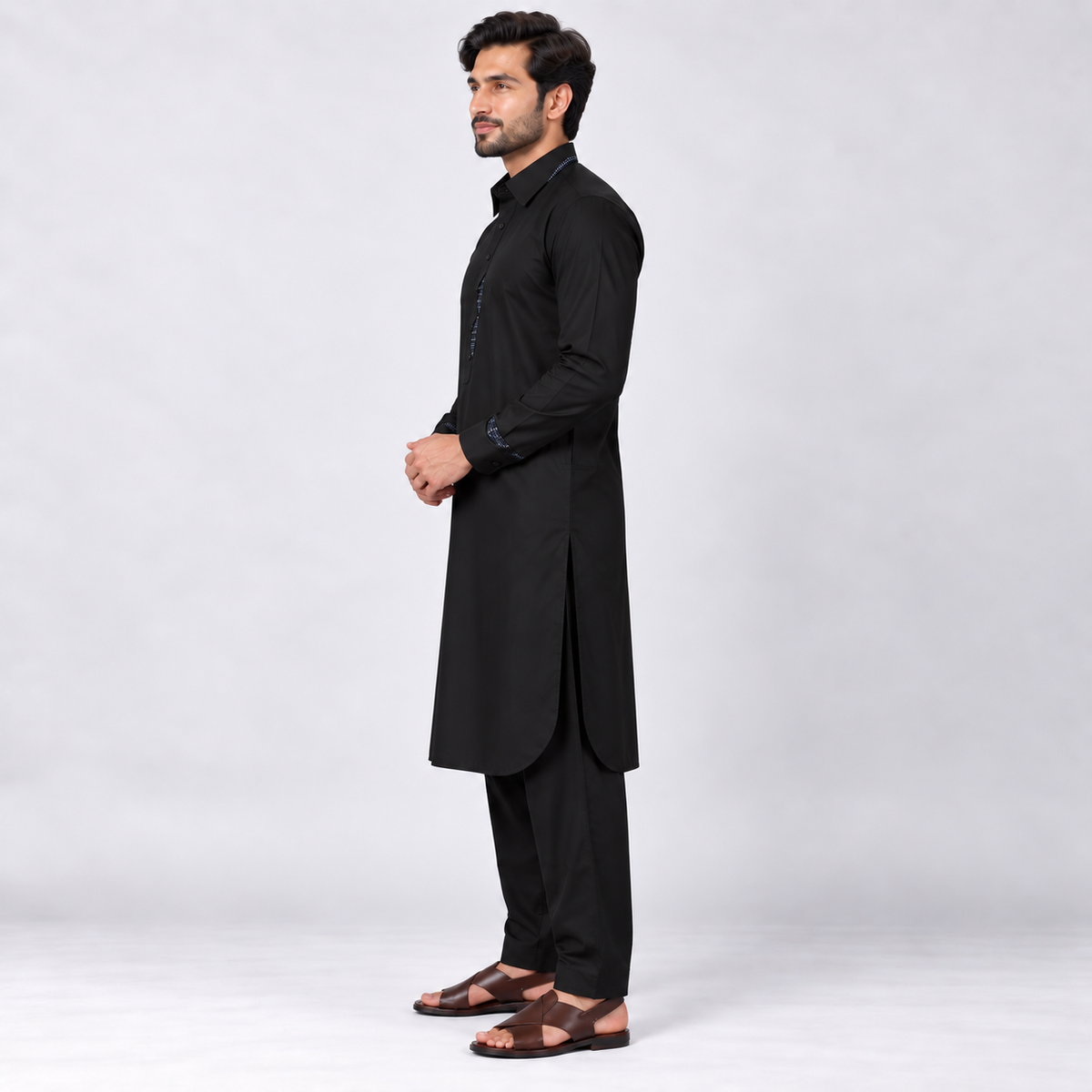 Classic Black Men’s Shalwar Kameez with Contrast Accents