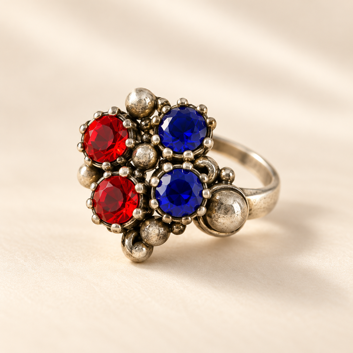 Luxury Ruby Red & Royal Blue Antique Silver Handmade Floral Statement Ring
