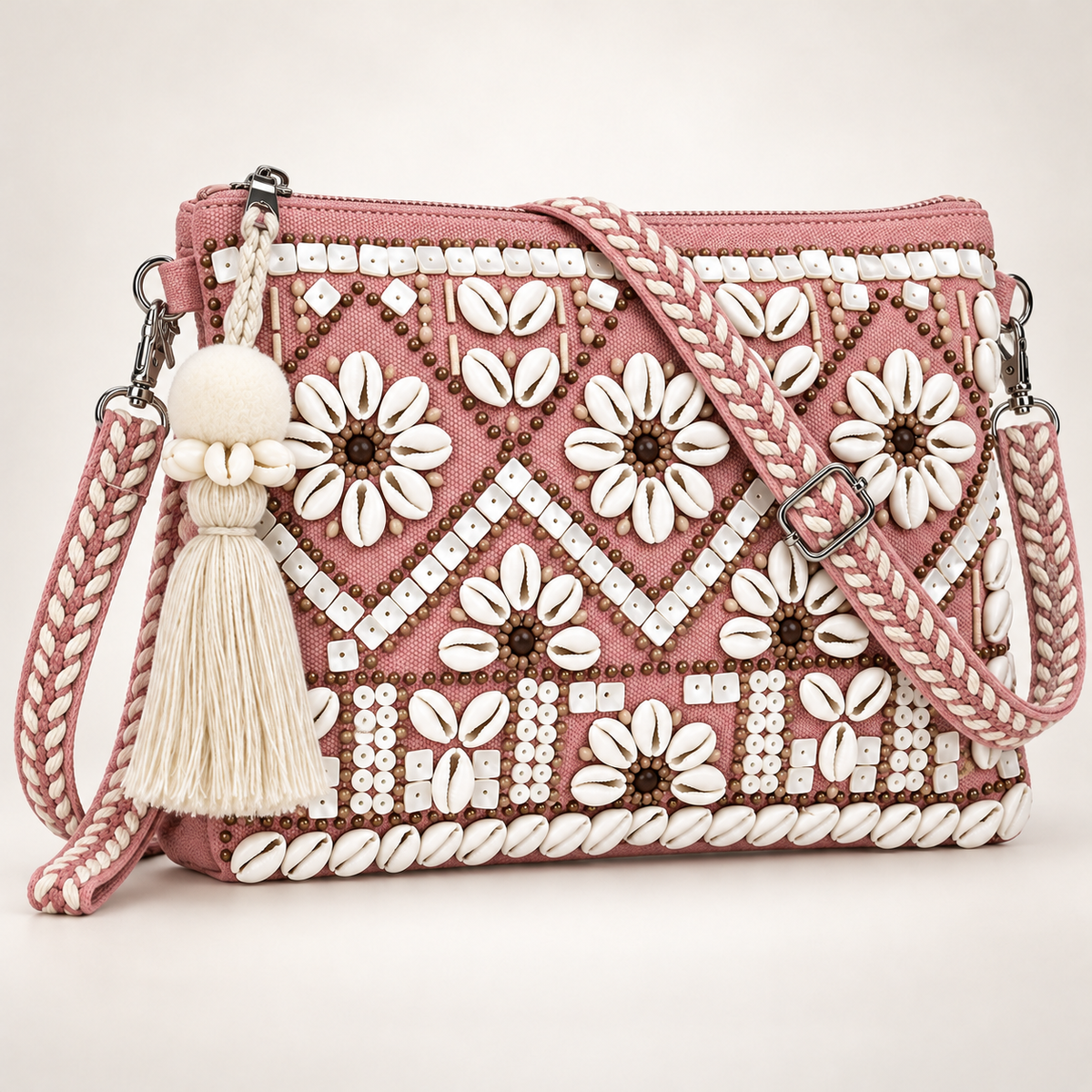 Dusty Rose Pink Handmade Boho Crossbody Bag with Cowrie Shell Flowers, Beadwork & Tassel
