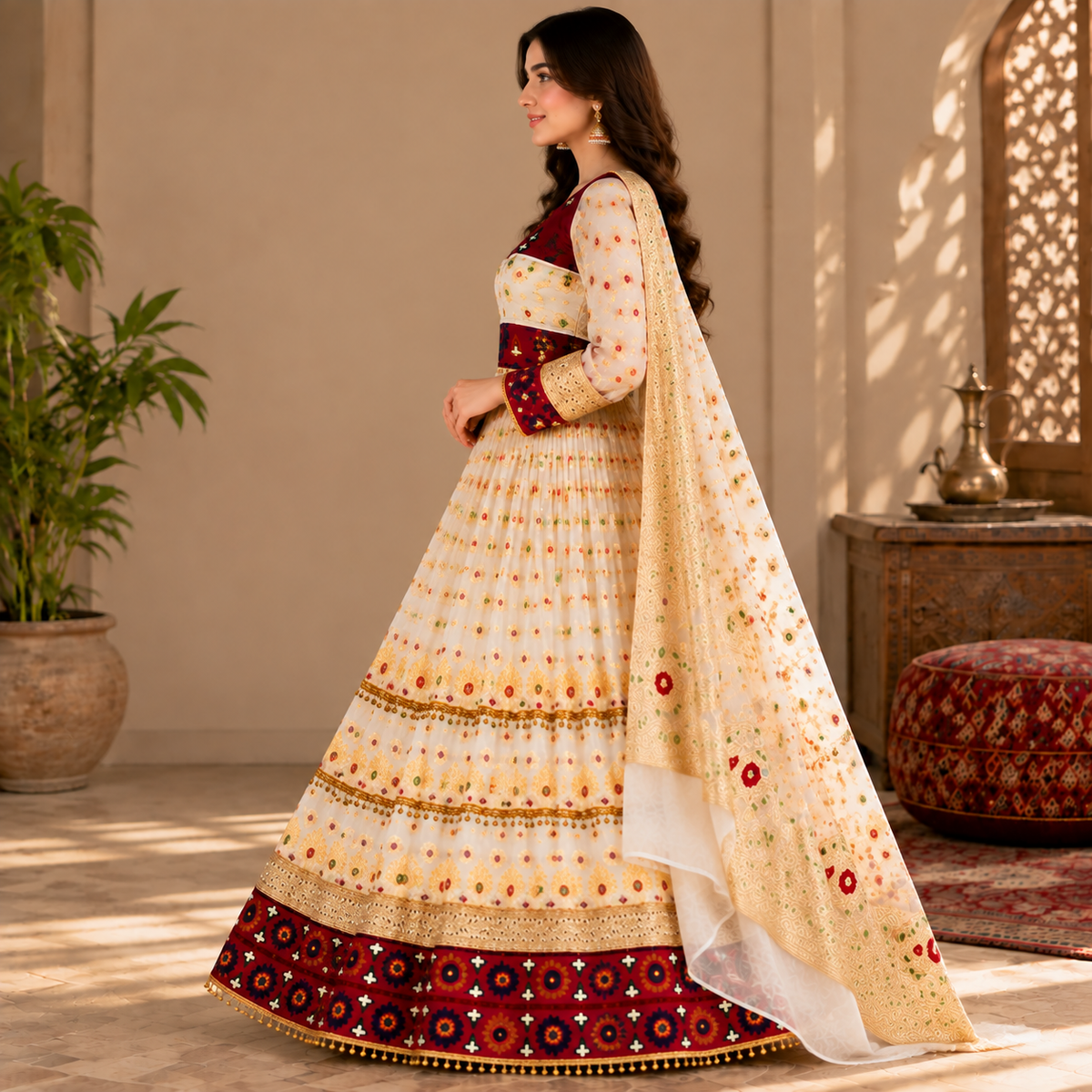 Afghan Traditional White Embroidered Dress – Royal Heritage Gown with Dupatta