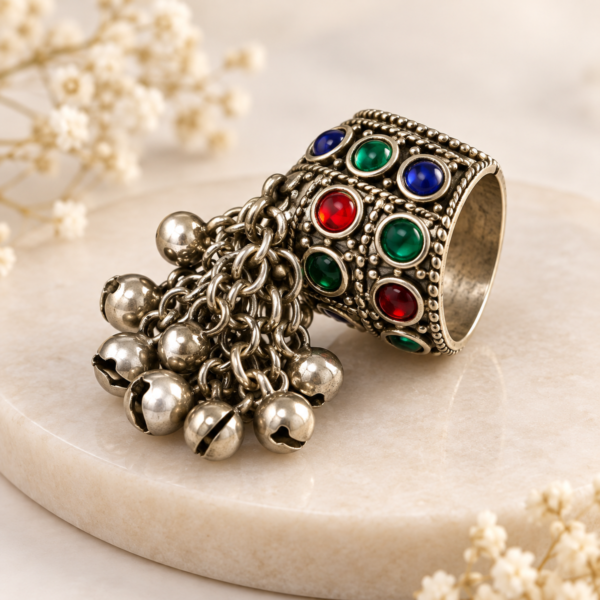 Luxury Multicolor Antique Silver Handmade Tribal Ghungroo Statement Ring