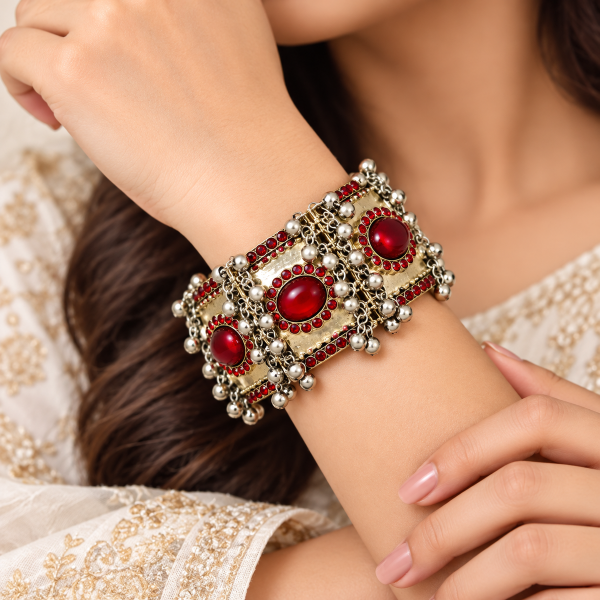 Vintage Ruby Red Stone Ghungroo Cuff Bracelet – Antique Tribal Jewelry