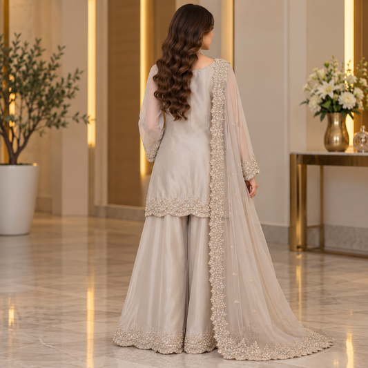 Champagne Grace – Luxury Embroidered Party Wear Ensemble