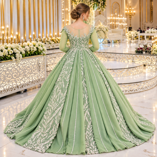 Royal Sage Green Luxury Floral Embroidered Bridal Gown