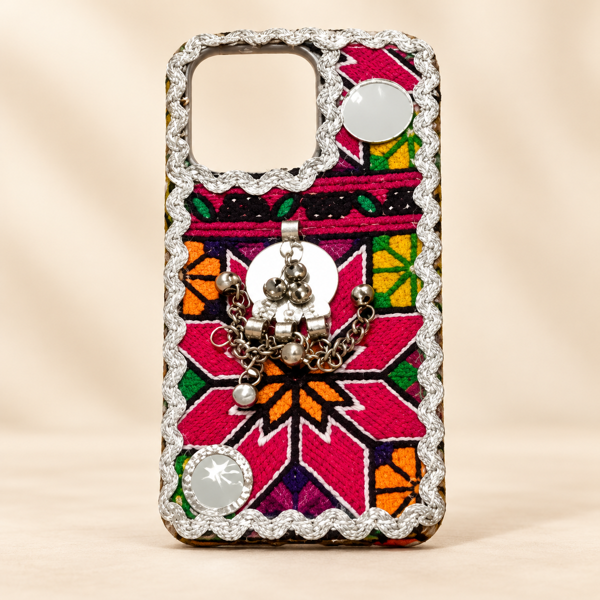 Traditional Pink Handmade Embroidered Mobile Cover with Silver Bell Charms & Mirror Work