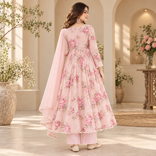 Women's Blush Pink Floral Printed Anarkali 3-Piece Suit