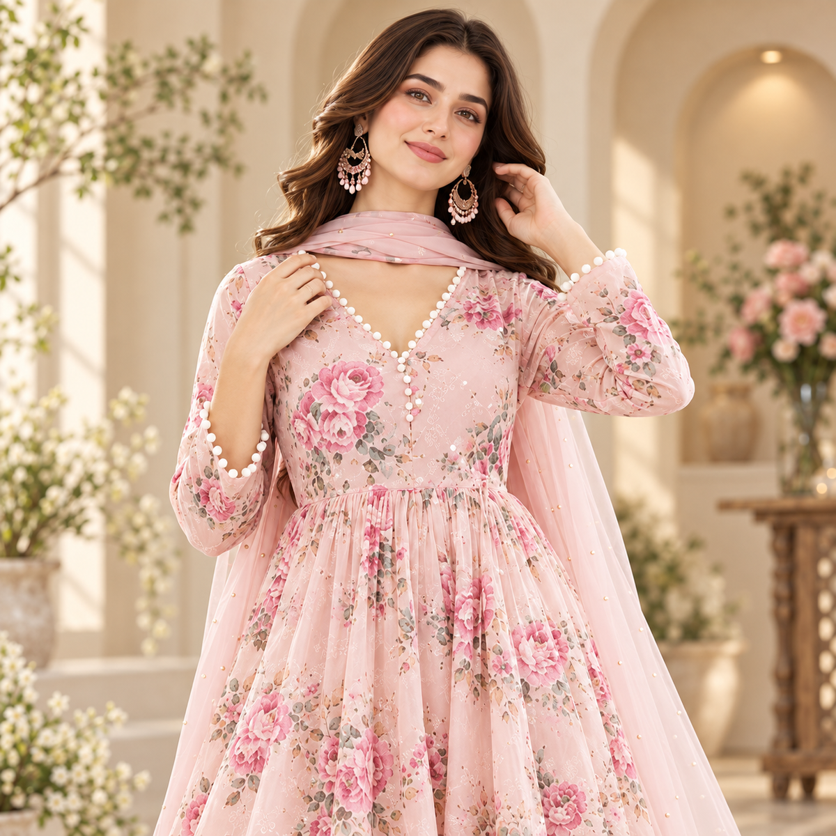 Women's Blush Pink Floral Printed Anarkali 3-Piece Suit