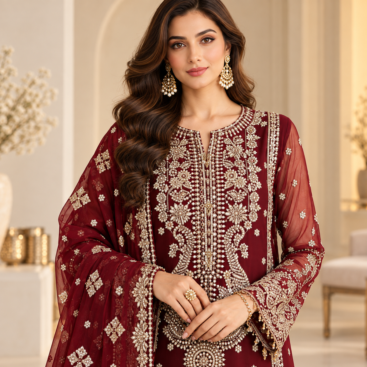 Mahrosh Maroon Embroidered Formal Suit