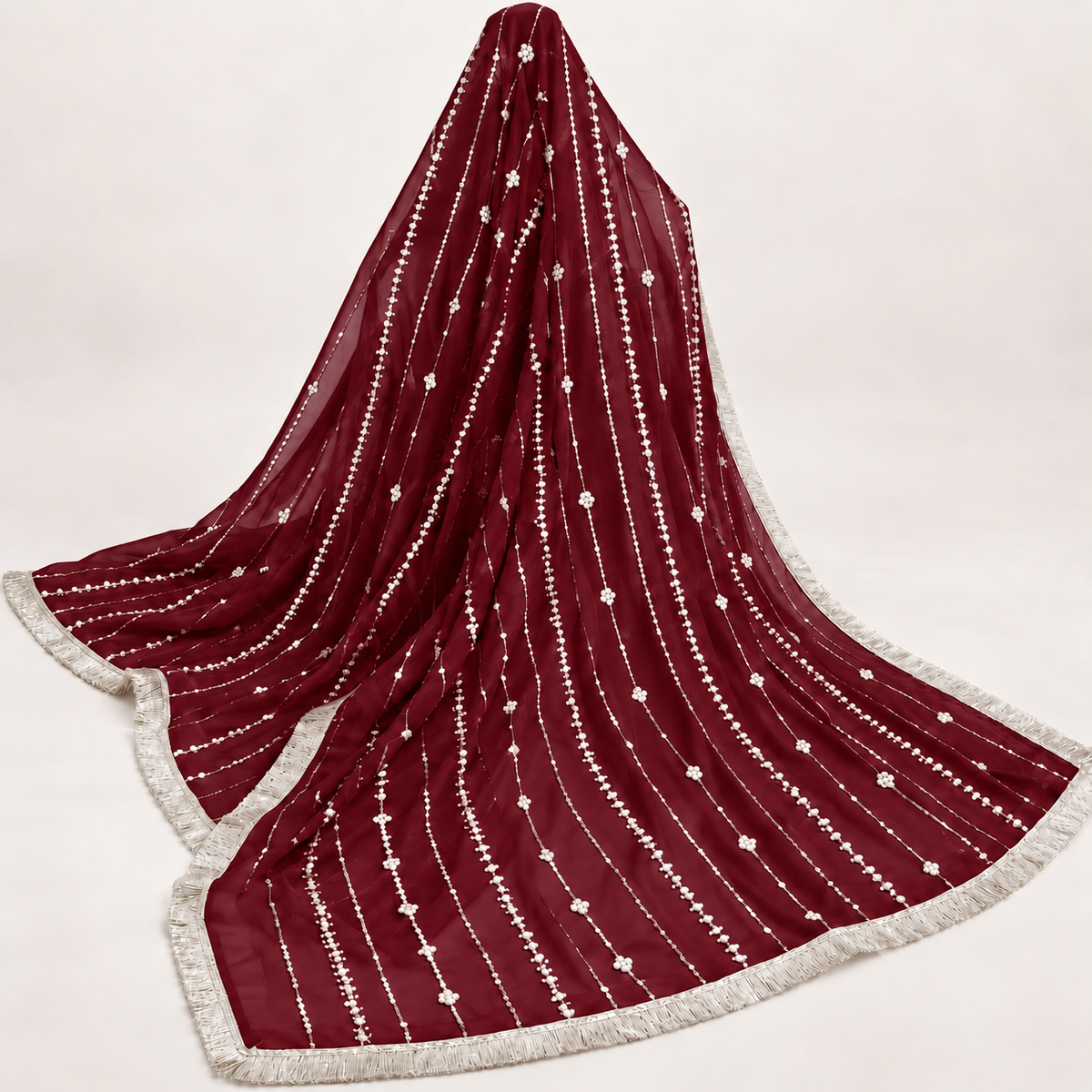 Maroon Silver Sequin Stripe Bridal Dupatta