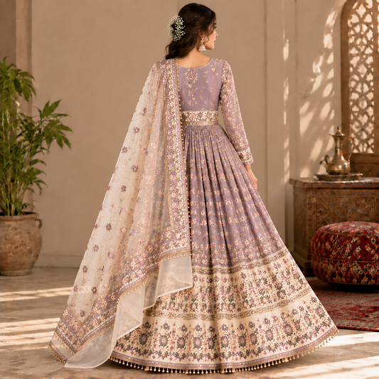 Afghan Traditional Lavender Embroidered Dress – Elegant Floral Heritage Gown