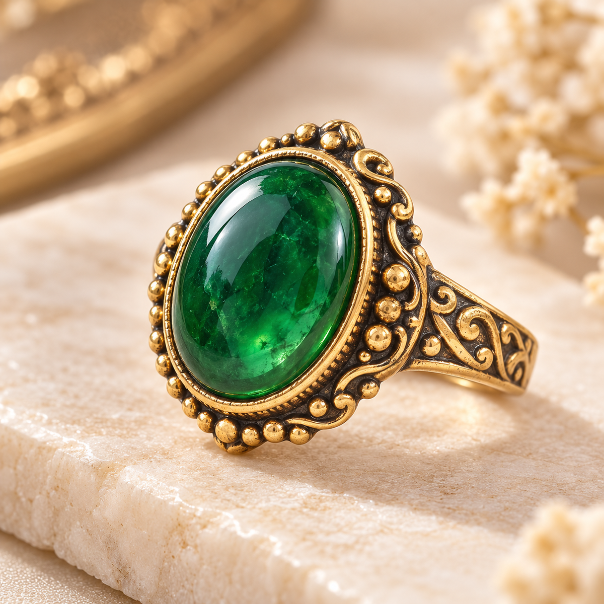 andmade Emerald Green Cabochon Vintage Gold Ring