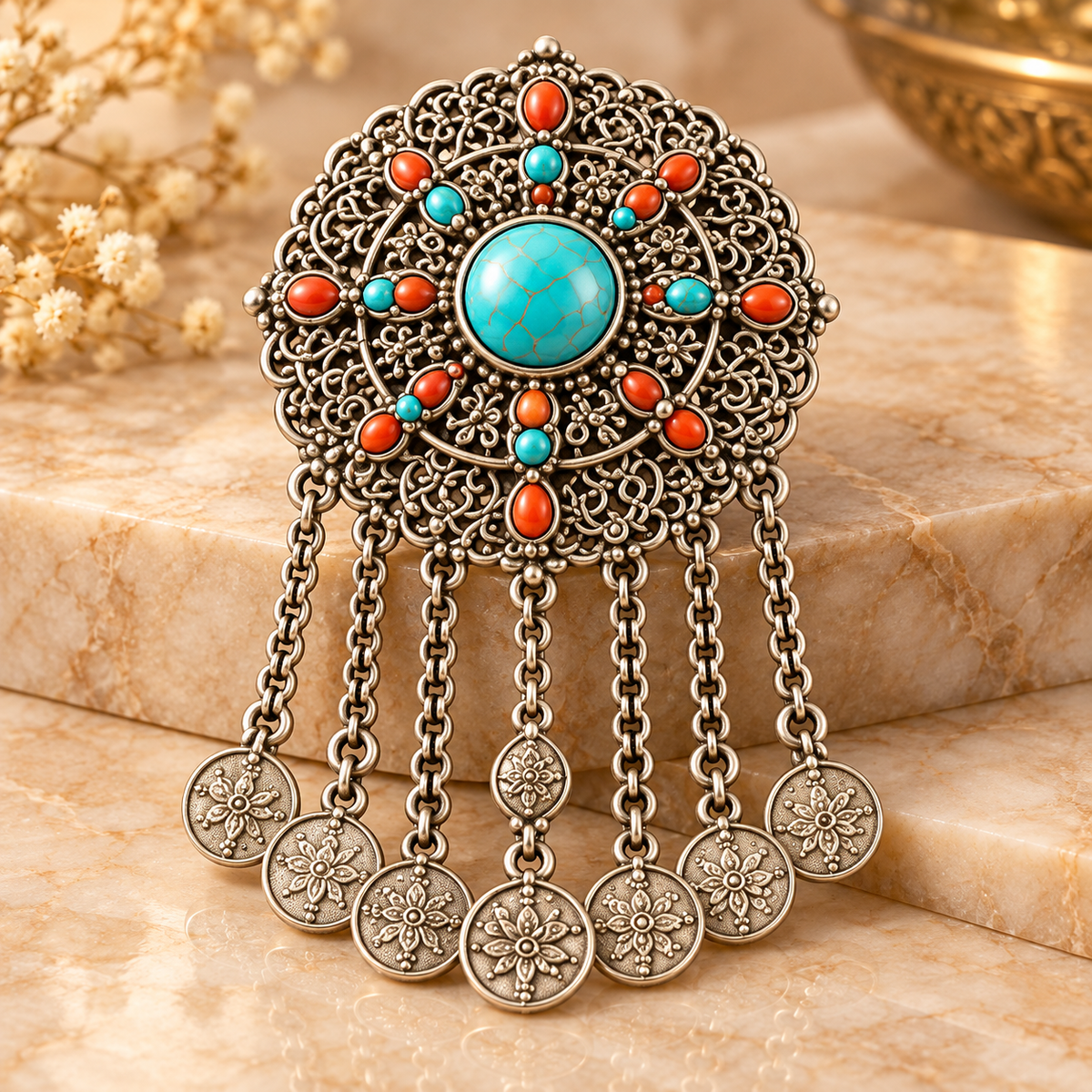 Antique Silver Turquoise Blue & Coral Red Floral Brooch with Coin Danglers