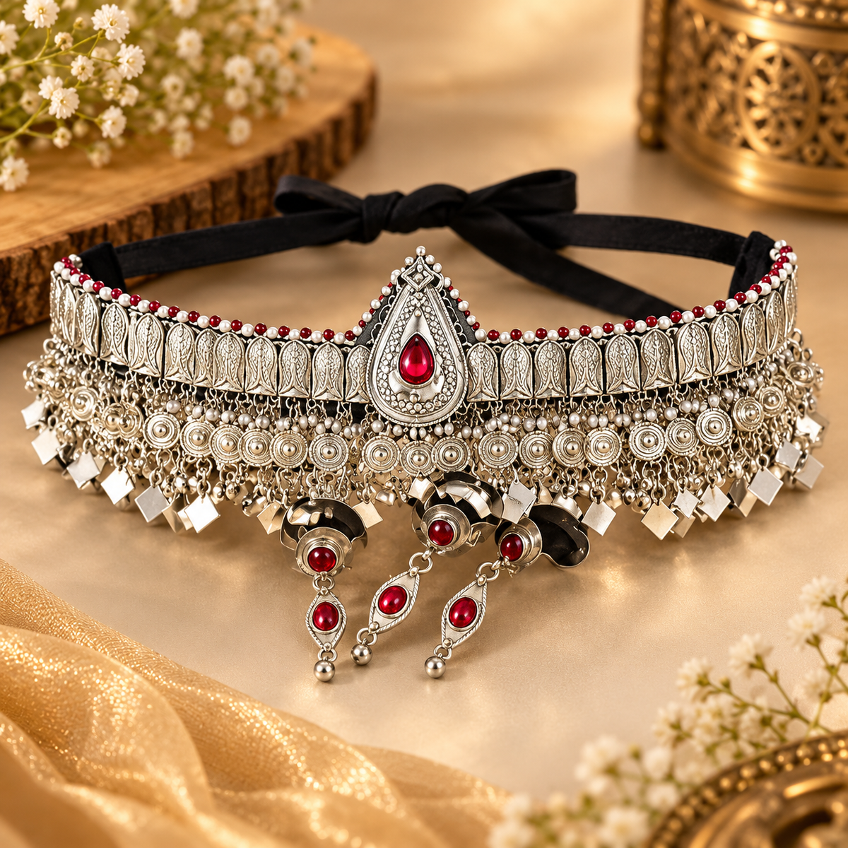 Traditional Silver & Ruby Red Handmade Tribal Headpiece