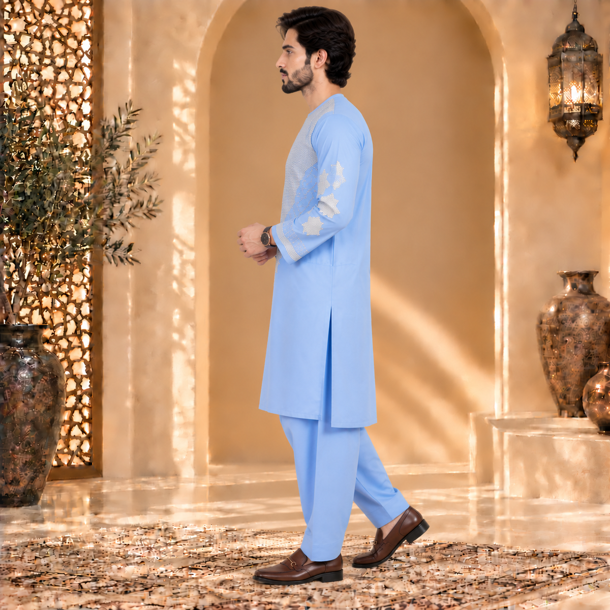 Afghan Traditional Sky Blue Embroidered Kurta Shalwar – Royal Silver Heritage Wear