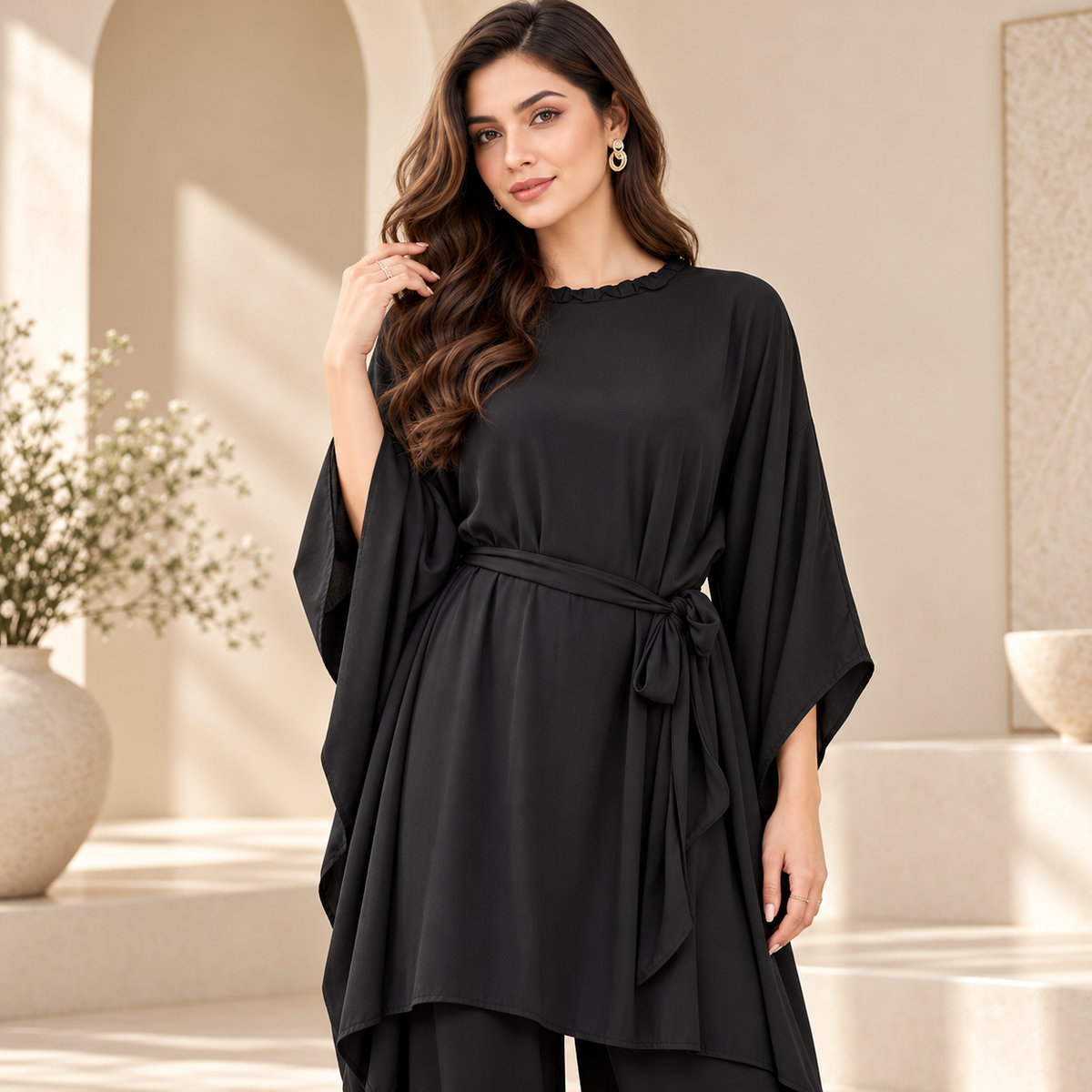Women's Elegant Black Kaftan Tunic & Wide-Leg Palazzo 2-Piece Co-Ord Set