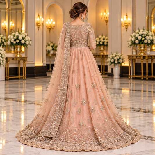 Royal Blush Peach Luxury Gold Embroidered Bridal Maxi Dress