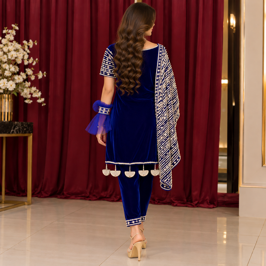 Royal Sapphire – Luxury Pearl Embellished Velvet Party Wear Ensemble