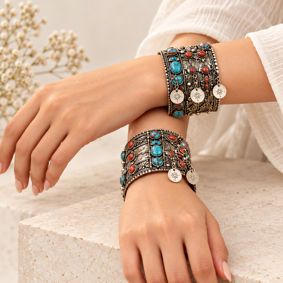 Turquoise Coral Tribal Cuff Bangles