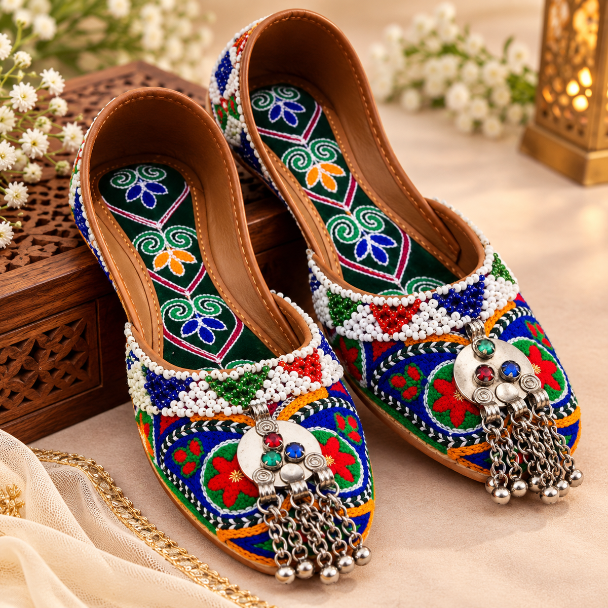 Multicolor Traditional Embroidered Khussa Shoes with Silver Charms
