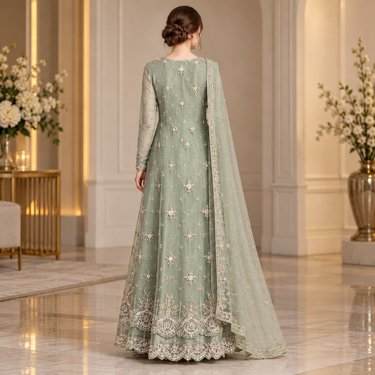 Sage Green Luxury Embroidered Bridal Gown