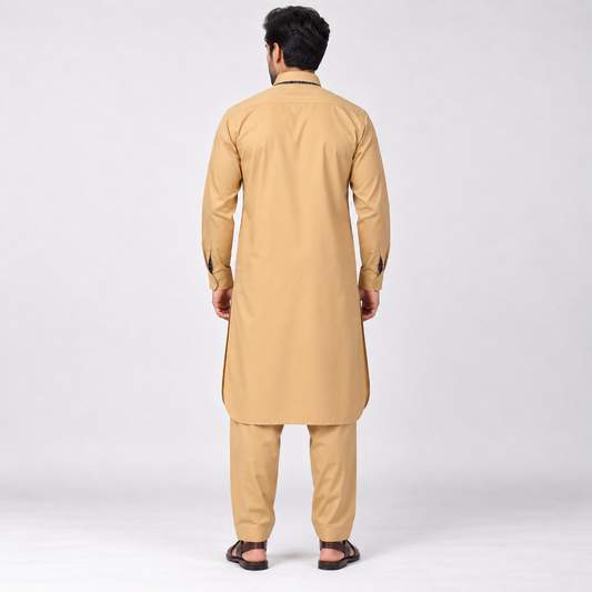 Classic Tan Shalwar Kameez with Patterned Trim