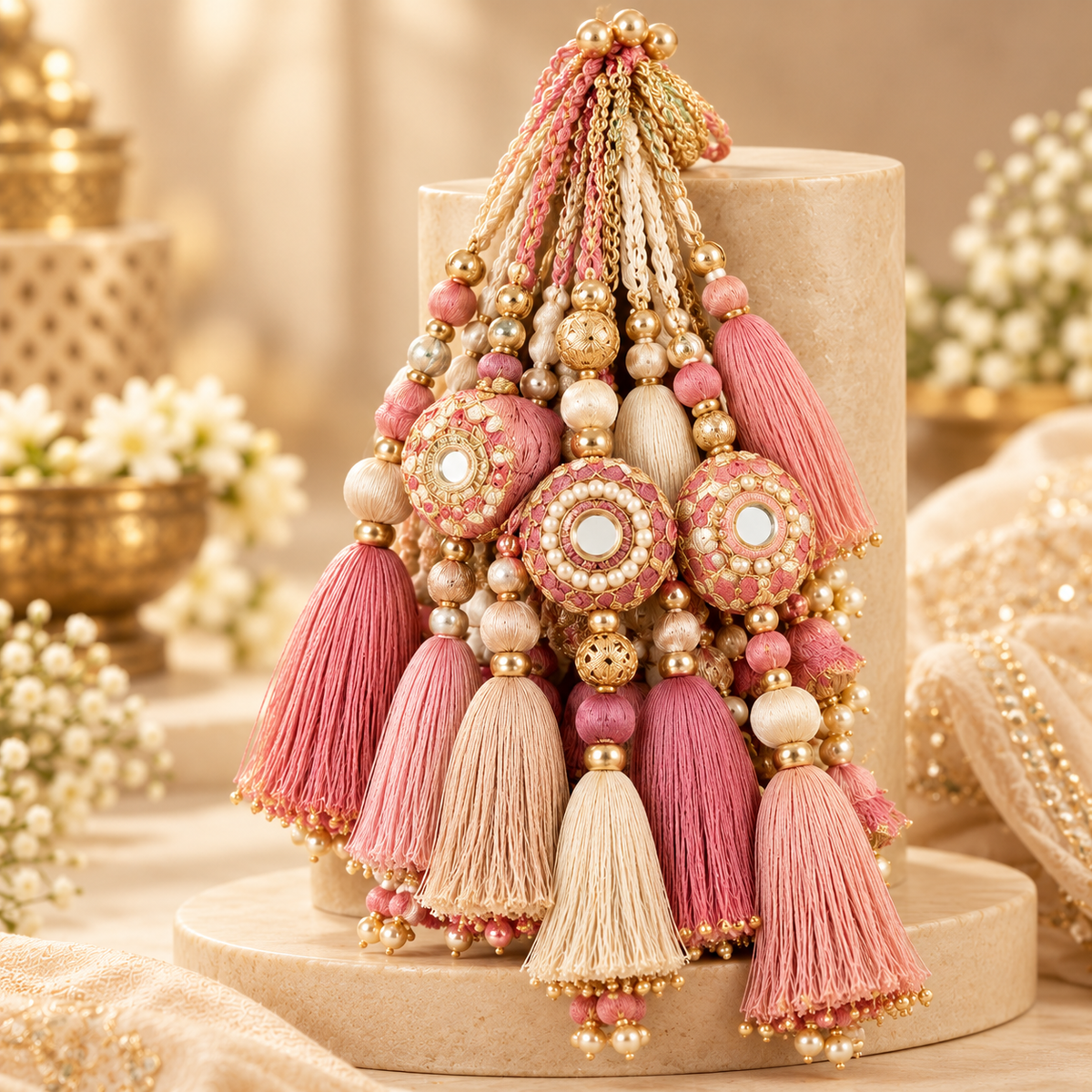 Luxury Blush Pink Handmade Tassels with Mirror Work, Golden Beads & Pearl Detailing