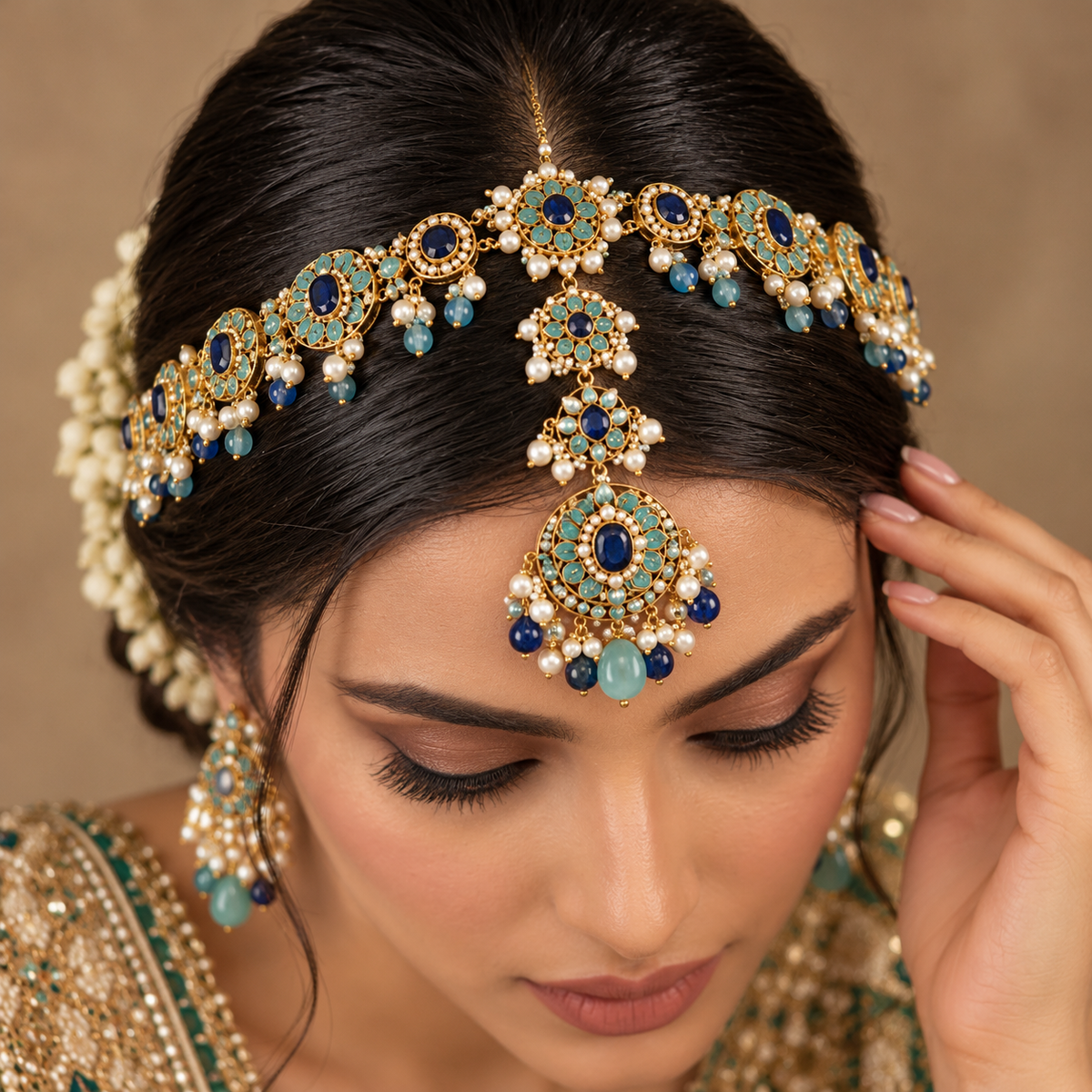 Luxury Royal Blue & Turquoise Gold Bridal Matha Patti Jewelry Set