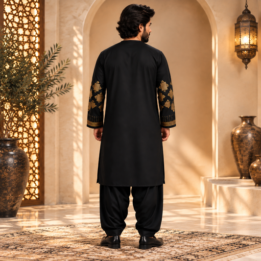 Afghan Traditional Black Embroidered Kurta Shalwar – Royal Gold Heritage Wear