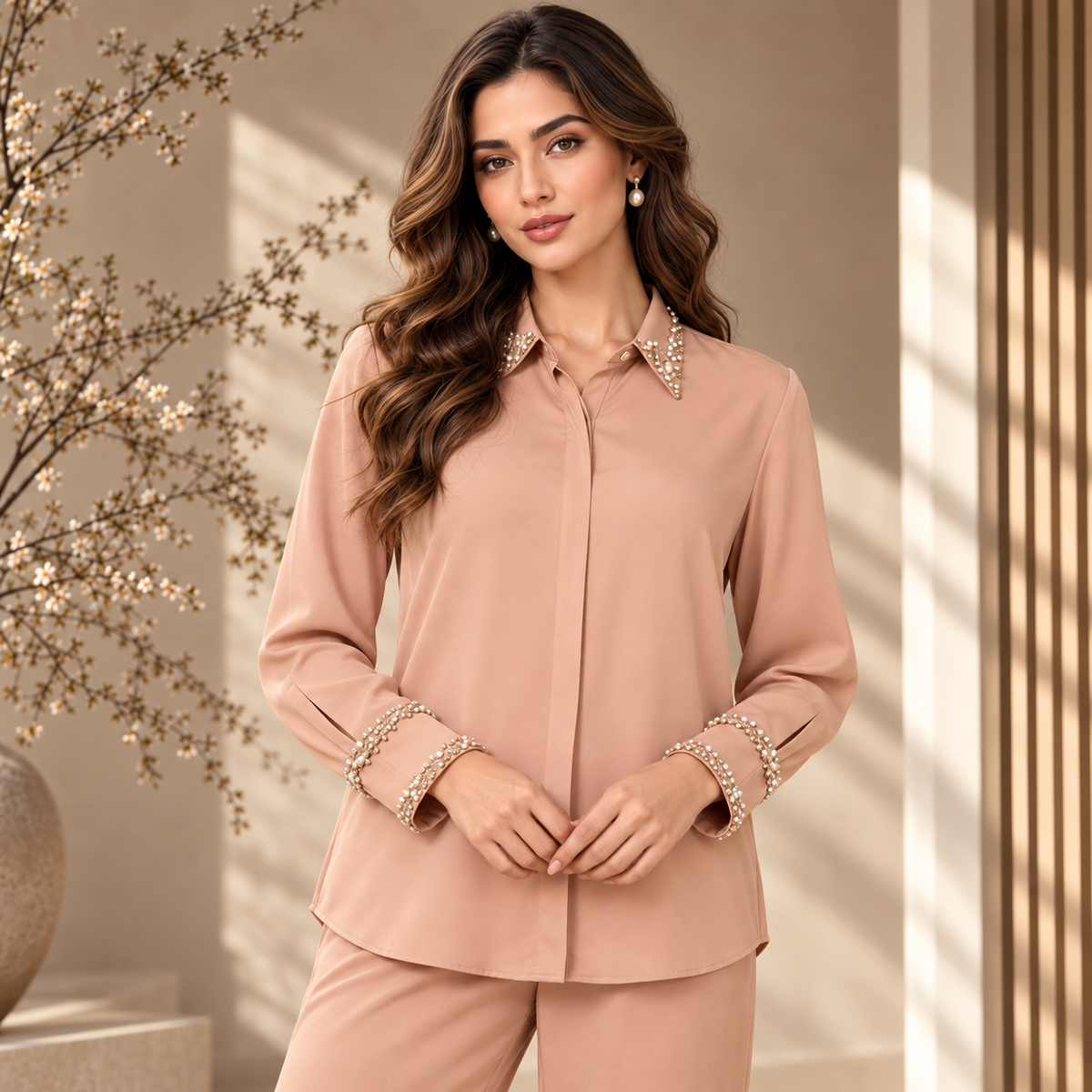 Women's Blush Peach Pearl Embellished Shirt & Wide-Leg Palazzo 2-Piece Co-Ord Set