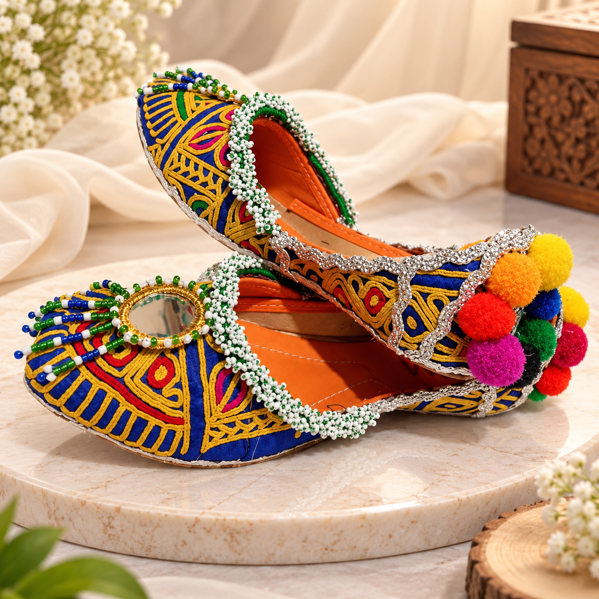 Multicolor Traditional Mirror Work Khussa Shoes