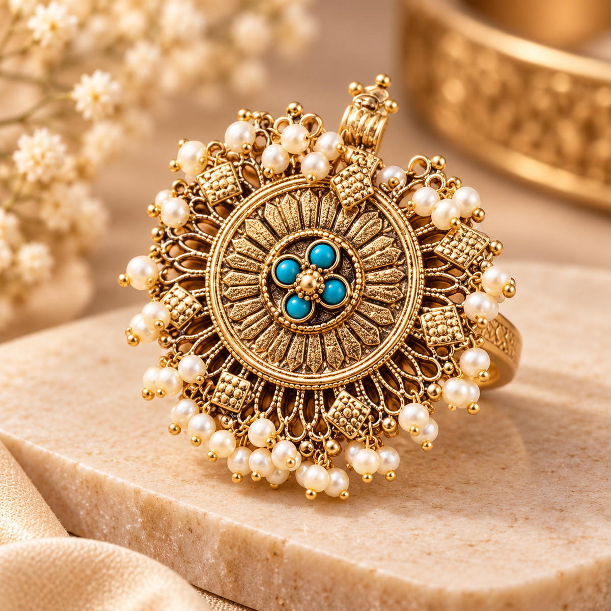 Luxury Antique Gold Turquoise & Pearl Floral Statement Ring
