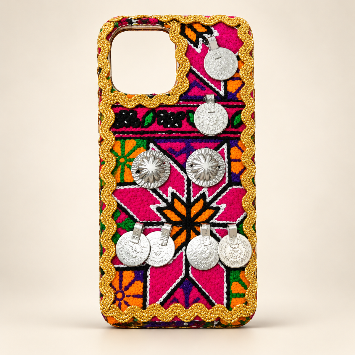 Vibrant Boho Handmade Embroidered Mobile Cover with Golden Trim & Silver Coin Charms