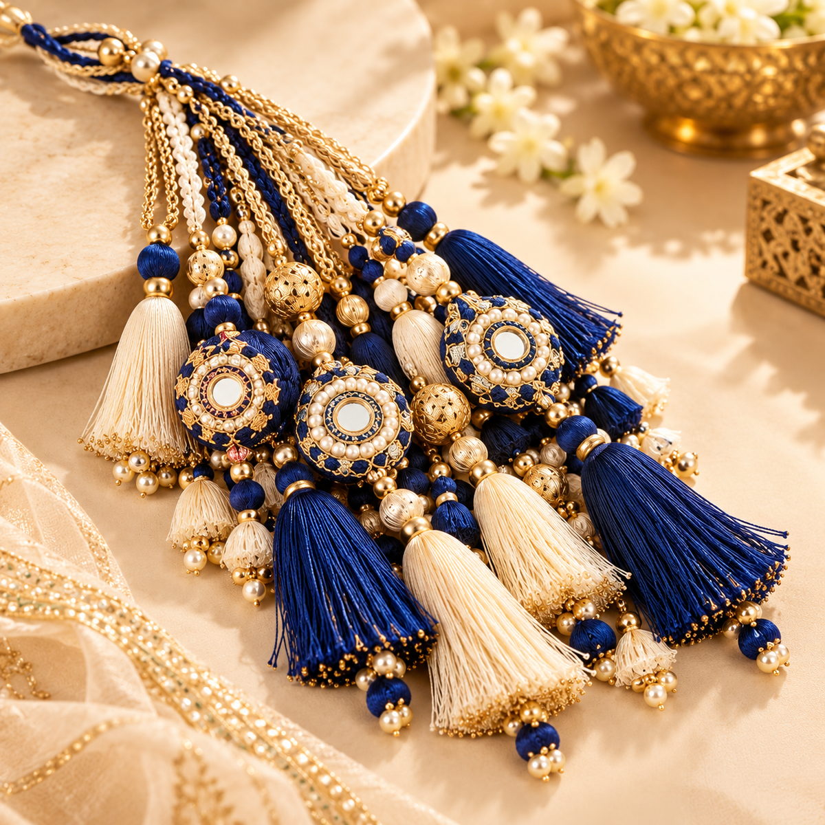 Royal Blue & Ivory Handmade Tassels with Mirror Work, Golden Beads & Pearl Detailing