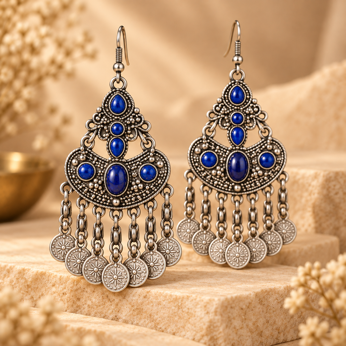 Antique Silver Royal Blue Stone Chandbali Earrings with Coin Danglers