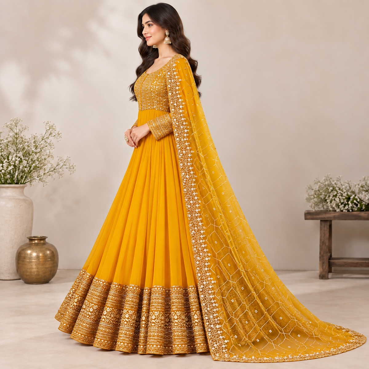 Mustard Gold Embroidered Anarkali Dress