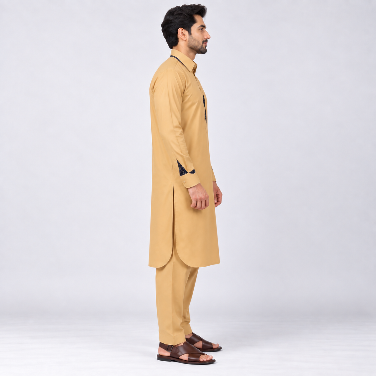 Classic Tan Shalwar Kameez with Patterned Trim