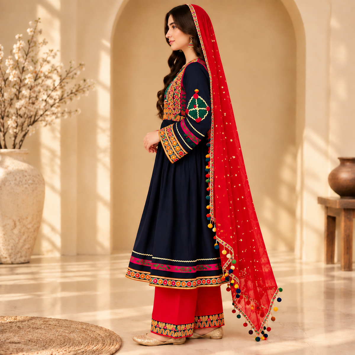 Afghan Traditional Embroidered Dress – Royal Navy Blue Heritage Suit