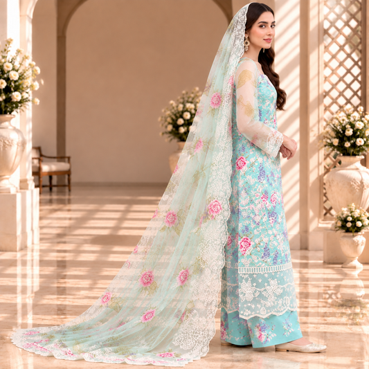 Aqua Bloom – Luxury Pastel Blue Floral Pakistani Embroidered Suit